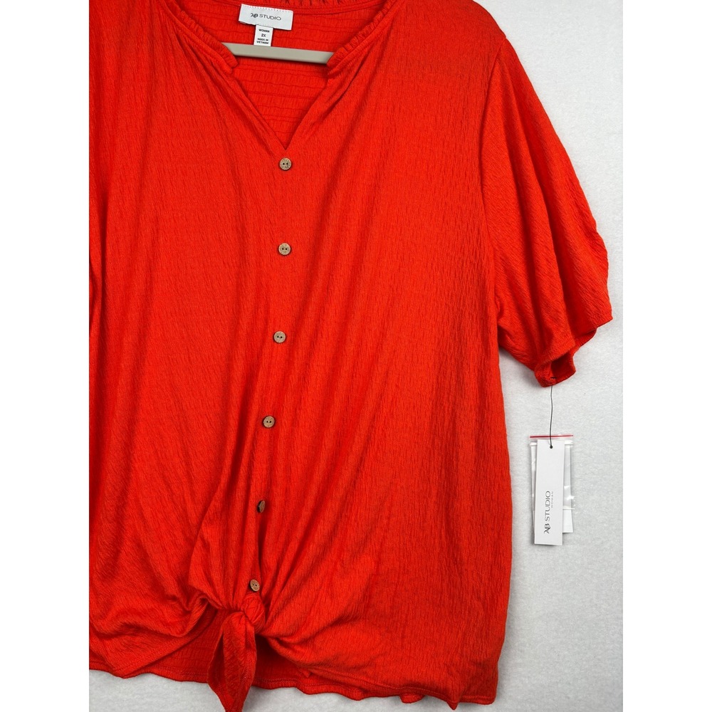 AB Studio Blouse Womens 2X Plus Red Tie Front Textured Button Up NWT
